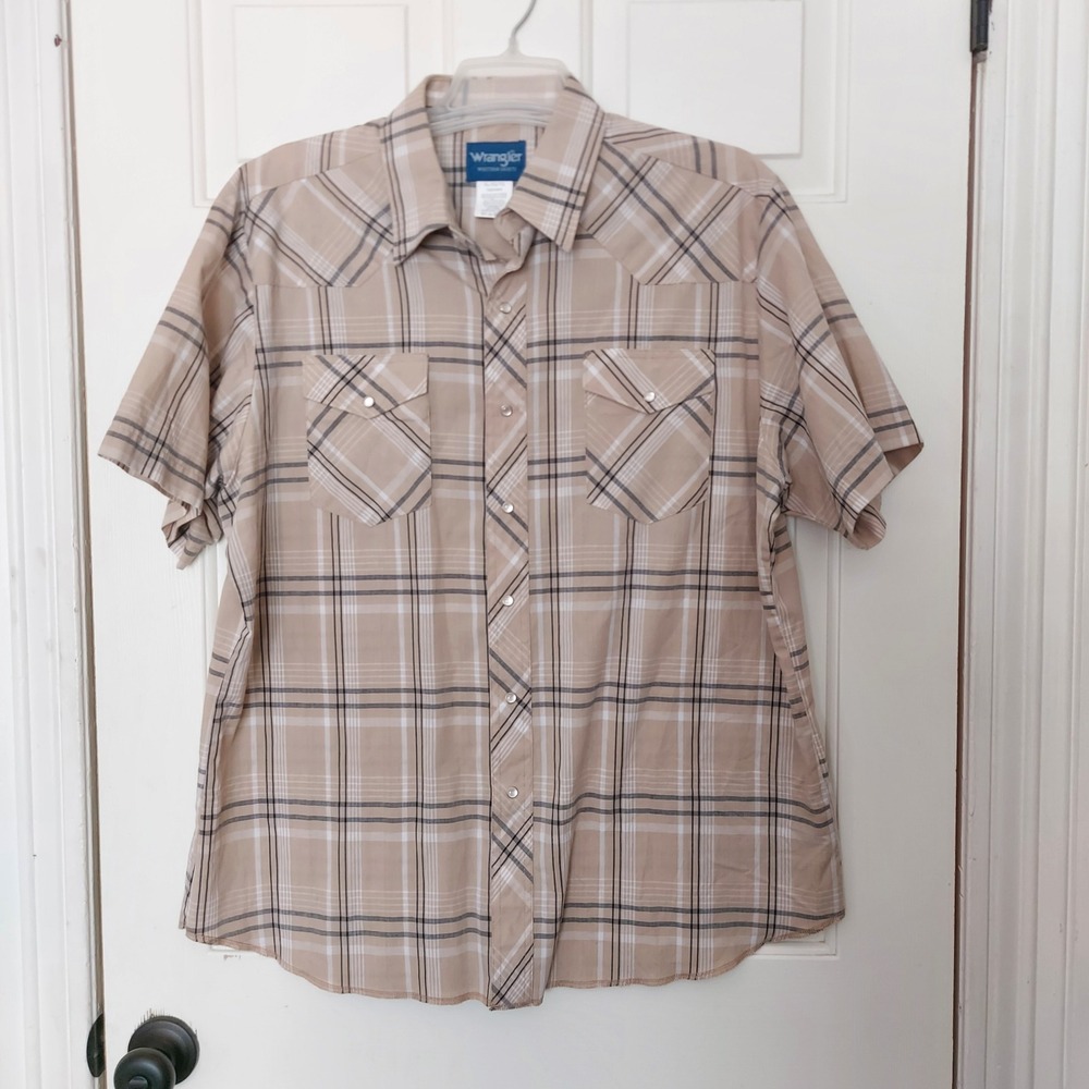 Wrangler Mens Tan Plaid Short Sleeve Western Snap Front Shirt XL 76204PP